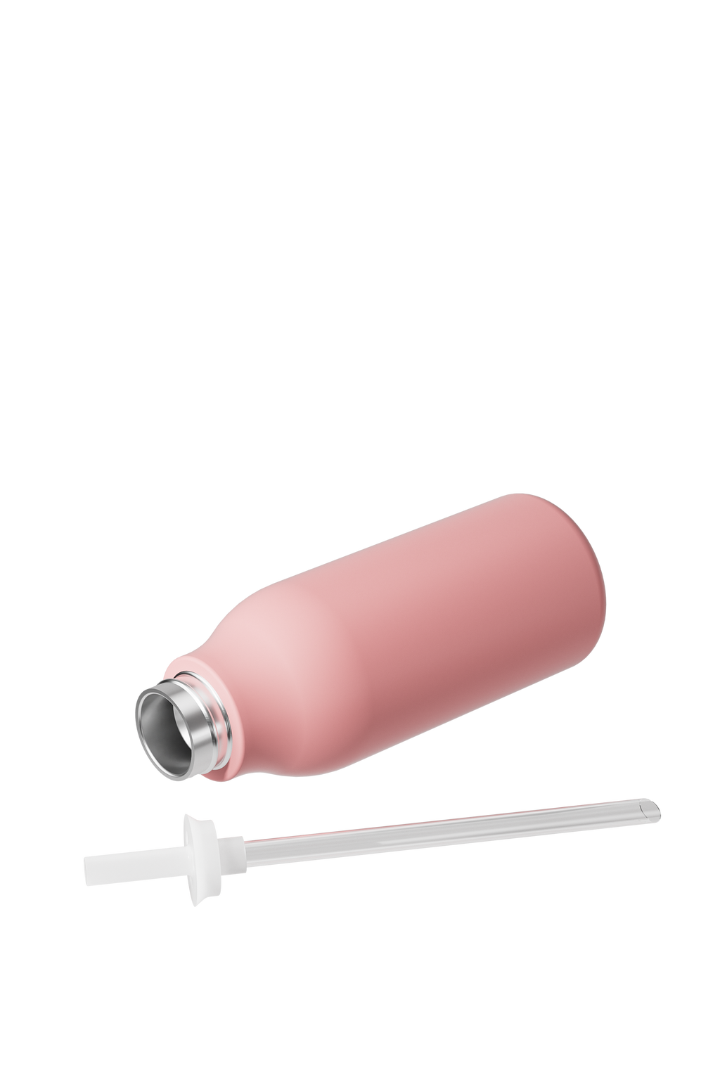 A matte pink insulated bottle with a silver metal rim, shown with a clear plastic straw on a plain white background.