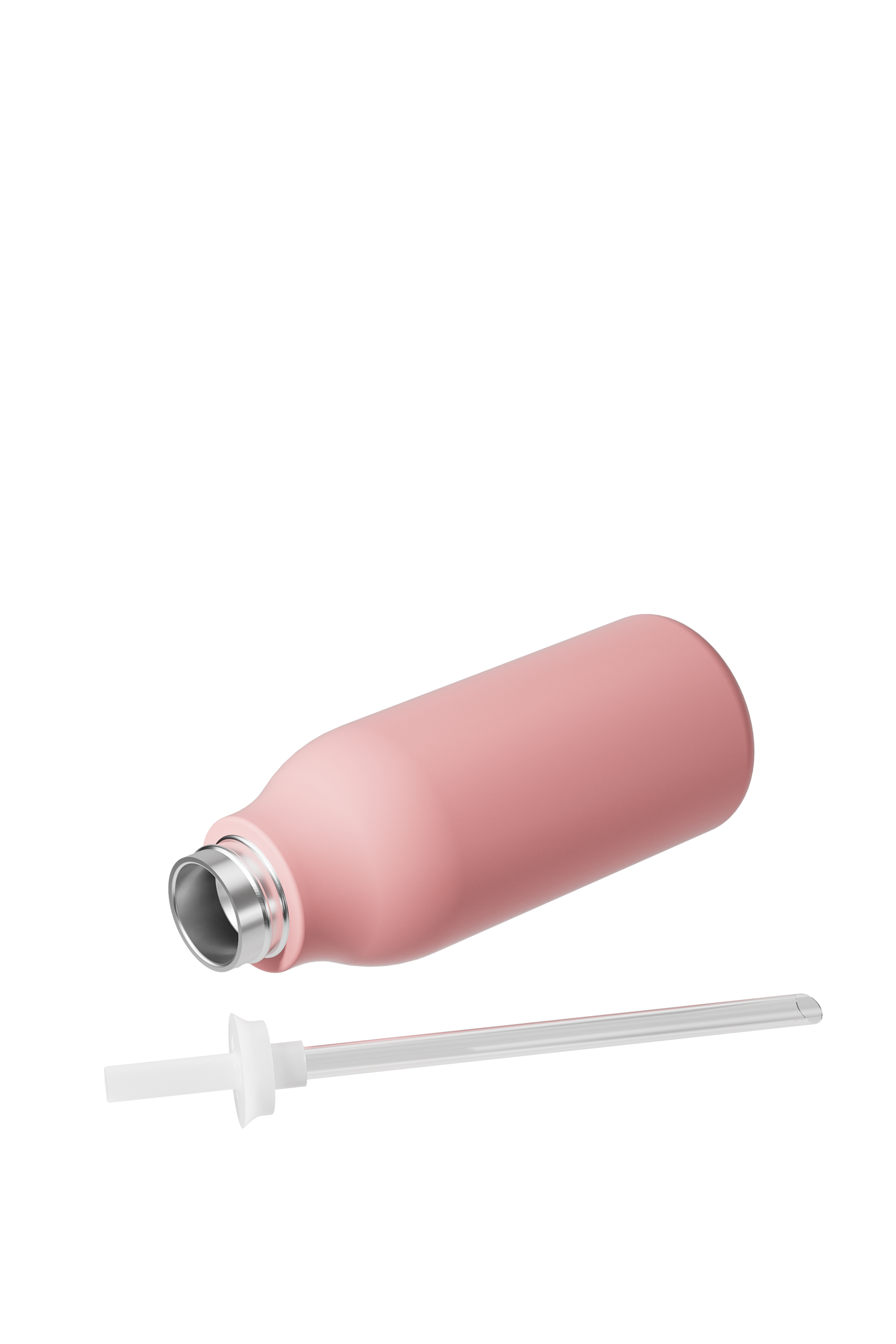 A matte pink insulated bottle with a silver metal rim, shown with a clear plastic straw on a plain white background.